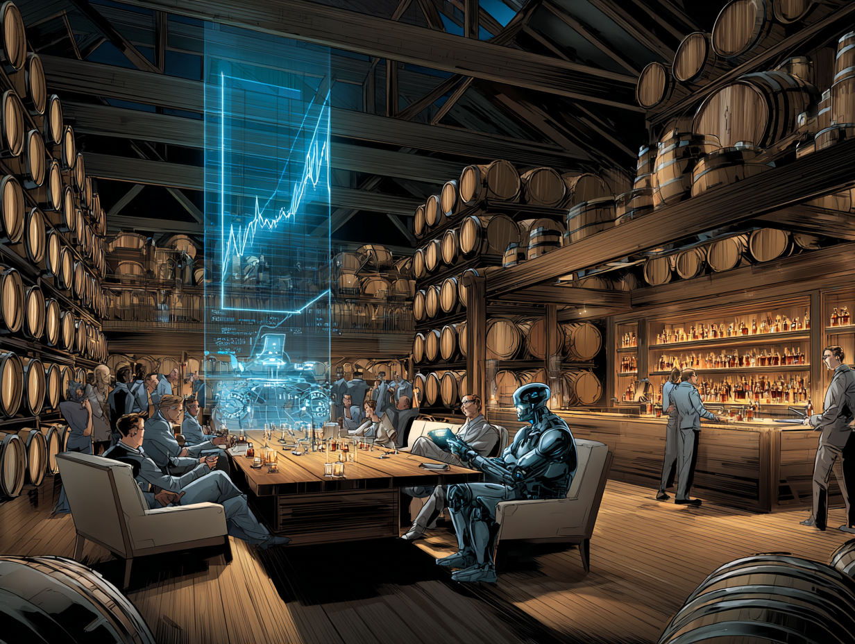 Futuristic bar scene in a distillery, featuring a robot analyzing data projections, surrounded by professionals discussing strategies, with wooden barrels and a well-stocked bar in the background, emphasizing Whiskey River Media's focus on strategic partnerships and marketing growth.
