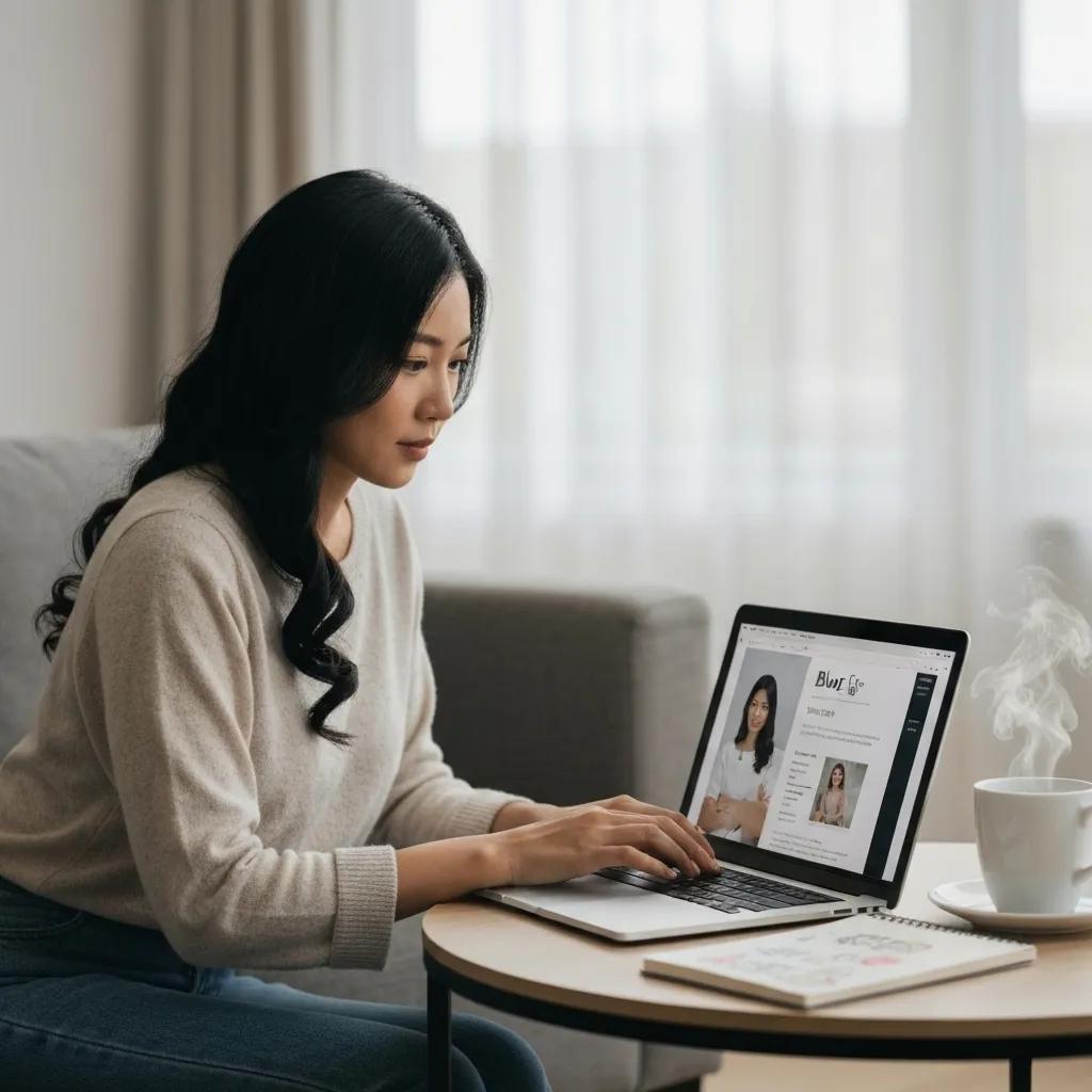 Woman working on laptop at home, engaging with digital marketing content, emphasizing AI-driven strategies for lead generation and customer engagement.