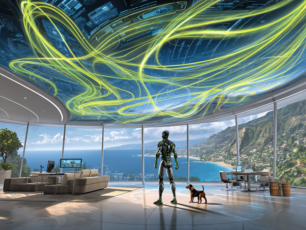 Futuristic room with a humanoid robot and a dog, overlooking a scenic ocean view, featuring a high-tech ceiling with dynamic data visuals, symbolizing AI integration in digital marketing and SEO services.
