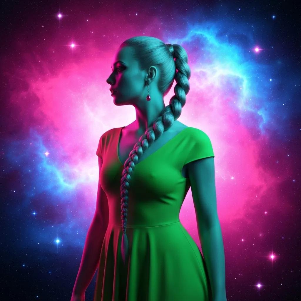 Profile of a woman with a long braid, wearing a green dress, set against a vibrant cosmic background with pink and blue hues, symbolizing creativity and innovation in digital marketing.