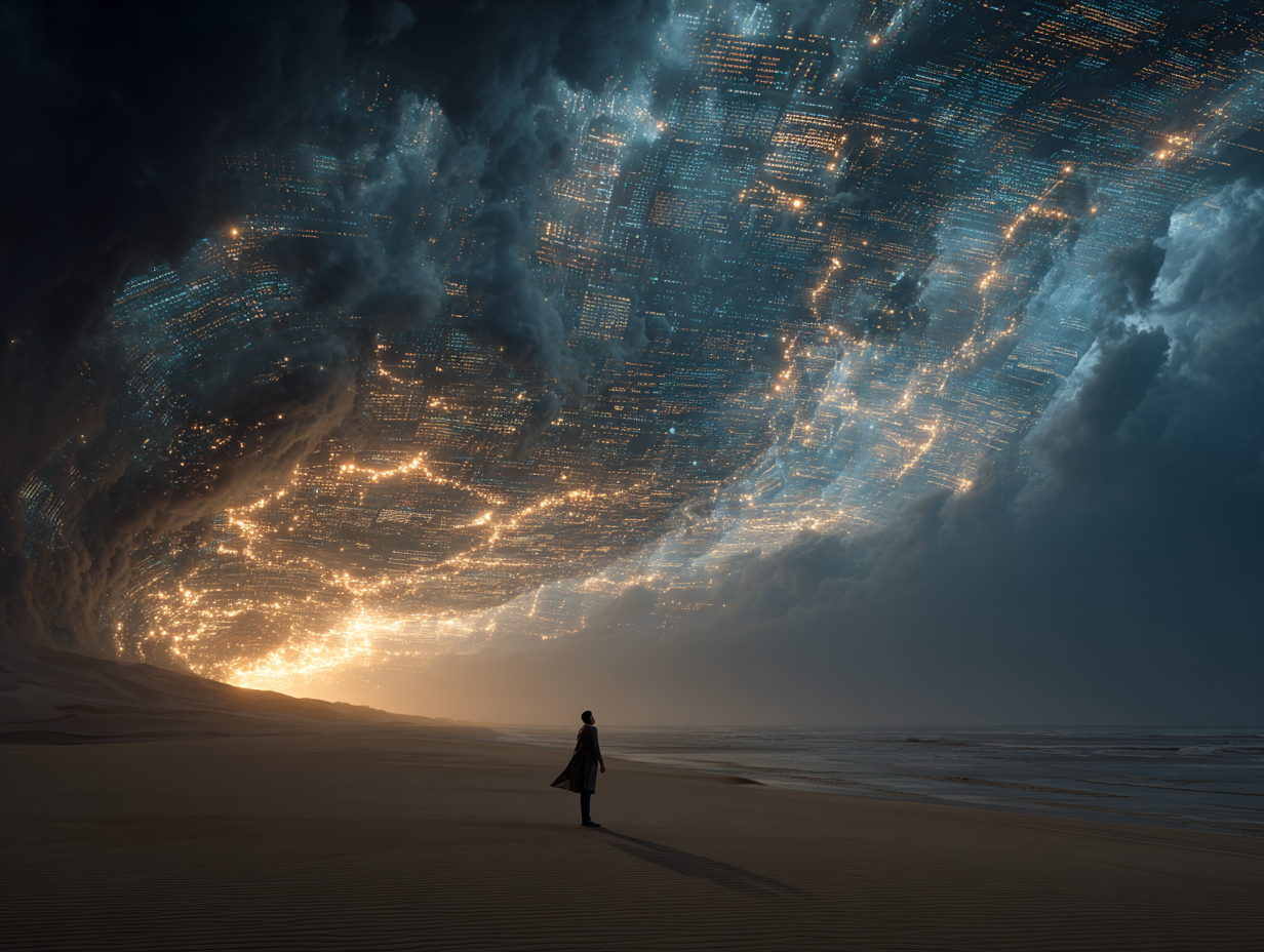 Whiskey River Media digital marketing services illustration, featuring a person standing on a beach, gazing at a futuristic sky filled with glowing data and clouds, symbolizing innovative marketing strategies and AI-powered systems for business growth.