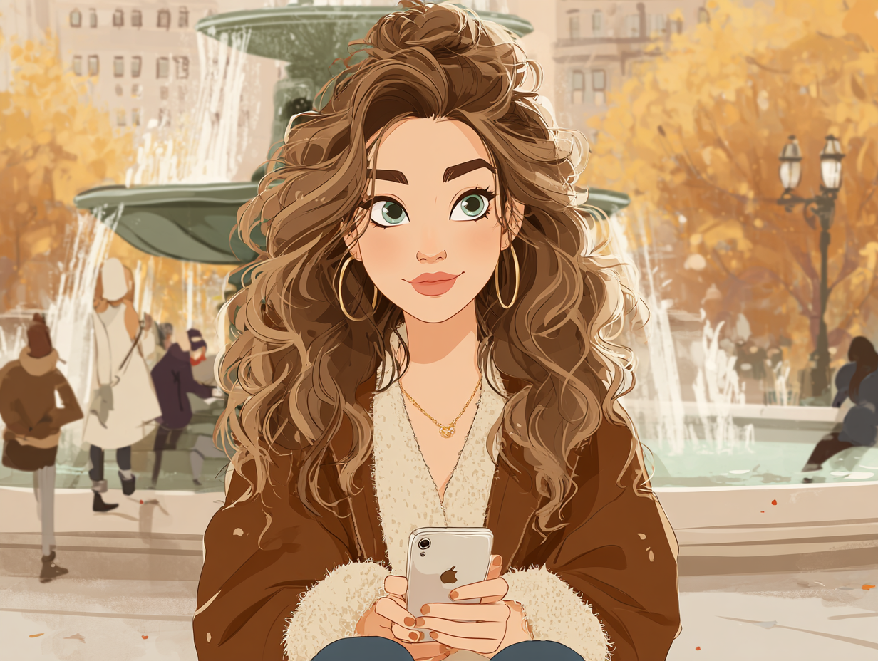 Young woman with curly hair holding a smartphone, seated near a fountain in a park surrounded by autumn foliage, representing social media engagement and modern digital interaction.