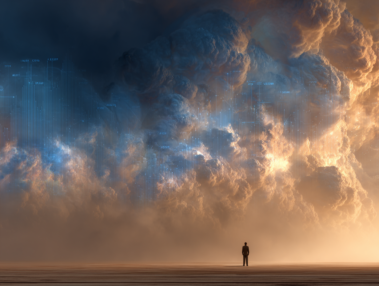 Person standing in a vast landscape under dramatic clouds with digital data visualizations, symbolizing growth and strategy in media buying.