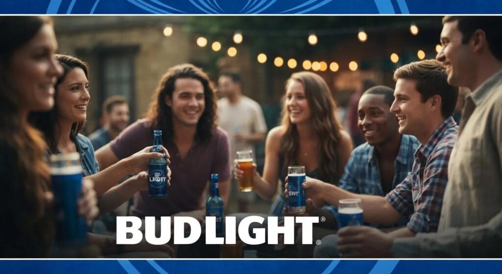 Group of friends enjoying Bud Light beers at a lively outdoor gathering, emphasizing brand engagement and social connections.