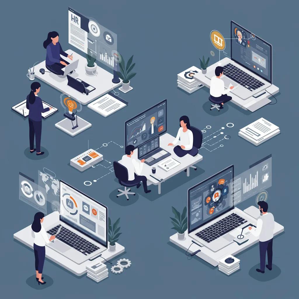 Business professionals utilizing AI tools across marketing, HR, and analytics in a modern office setting, featuring laptops, data visualizations, and collaboration on AI-driven solutions.