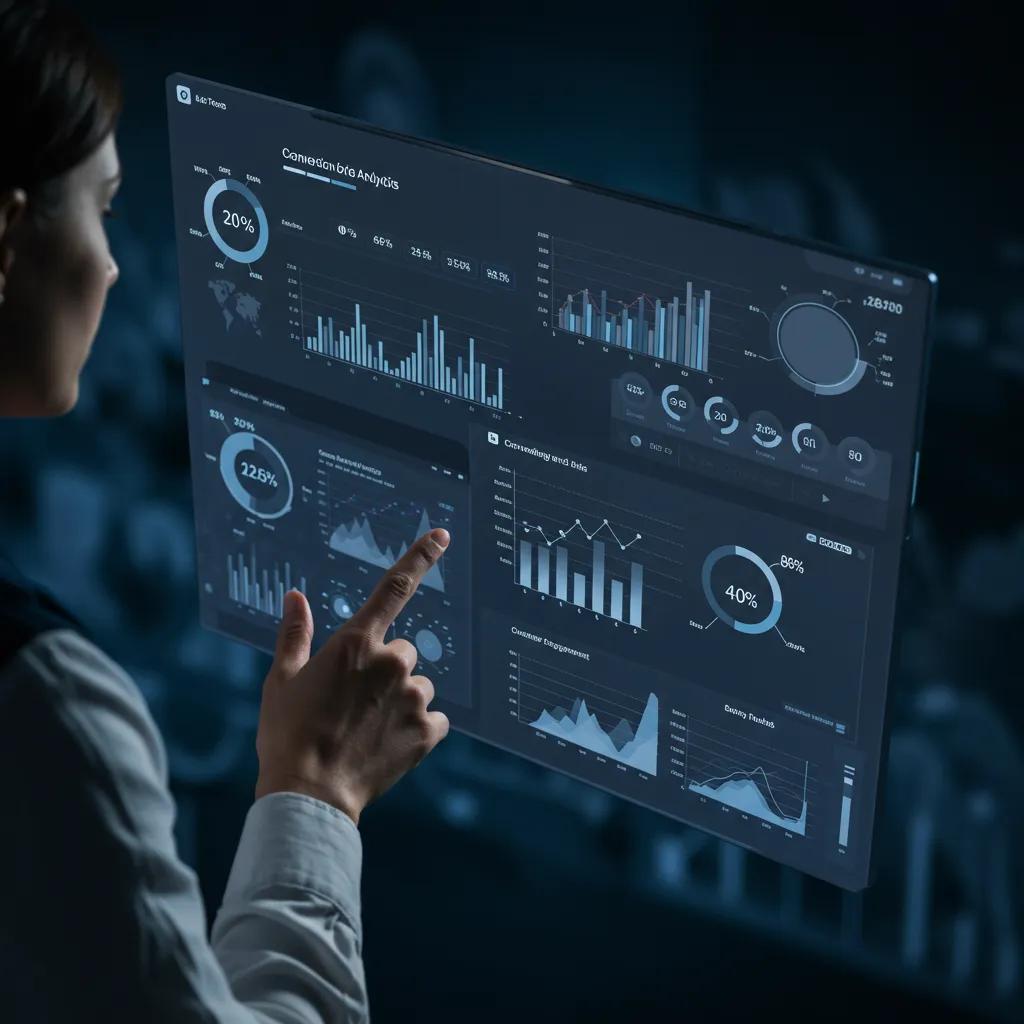 Digital dashboard displaying marketing metrics and analytics, including conversion rates and customer engagement data, with a person interacting with the interface, emphasizing AI-driven marketing strategies and performance measurement.