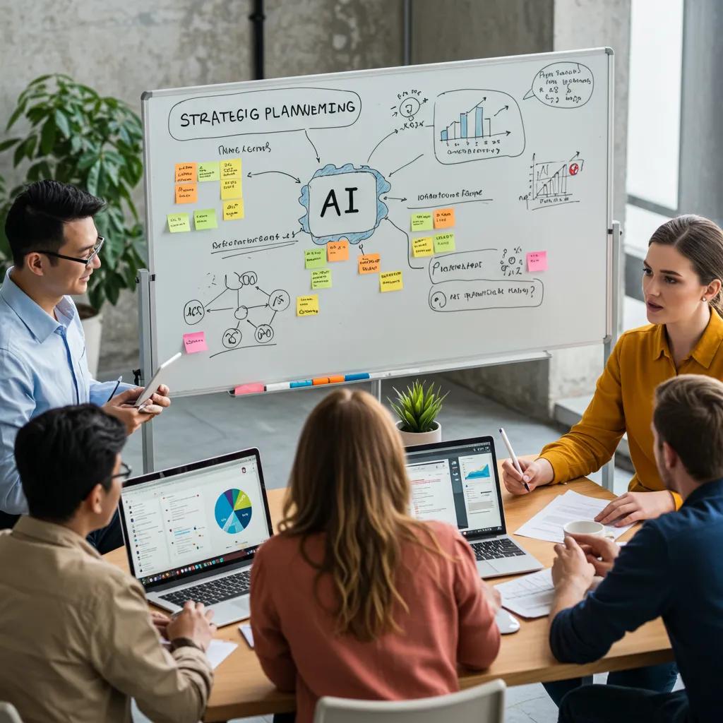 Team strategizing AI marketing implementation with whiteboard notes, laptops displaying data analytics, and collaborative discussion in a modern office setting.