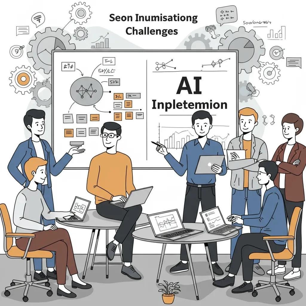 Team collaborating on AI implementation challenges, discussing strategies with laptops and a presentation board featuring charts and diagrams.