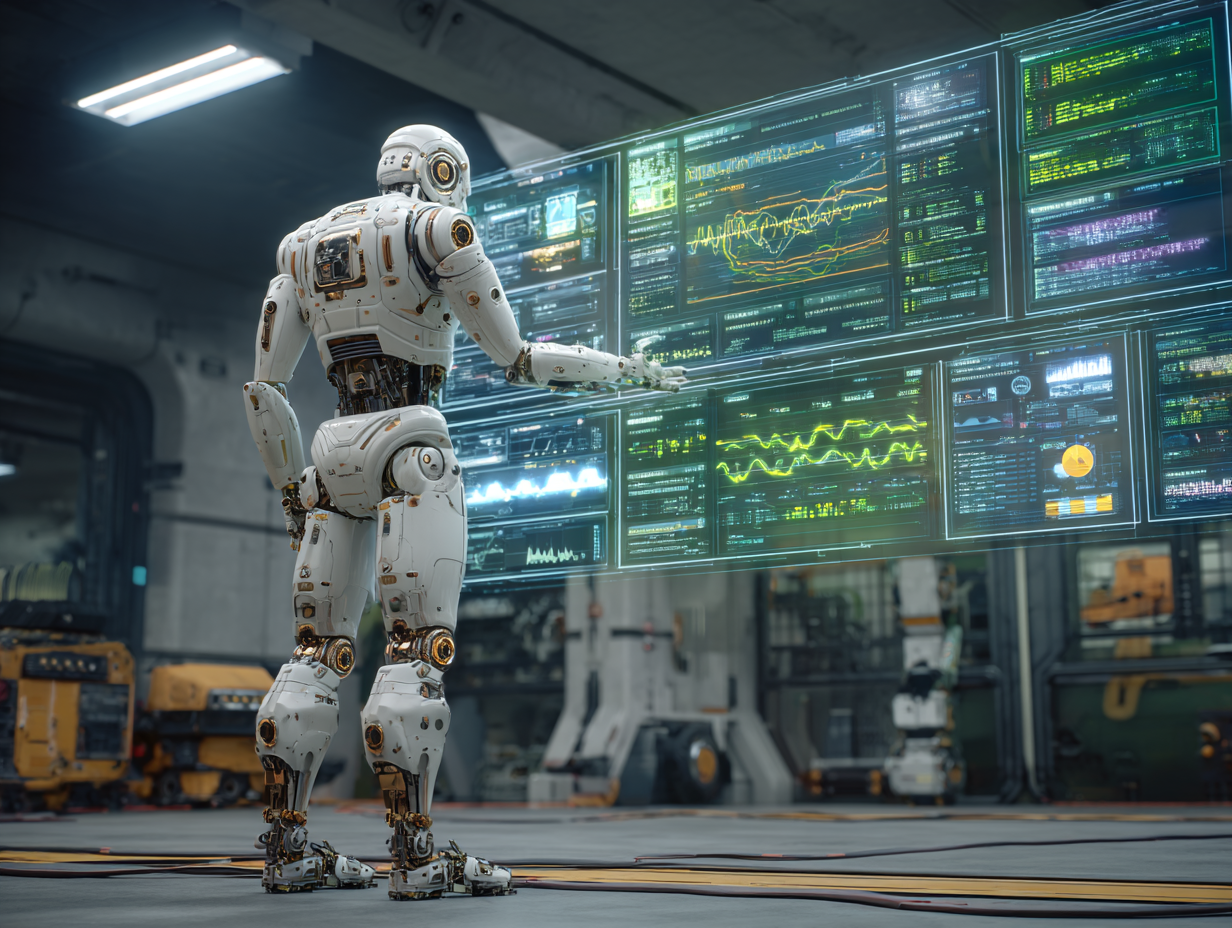 Robot analyzing data on futuristic display screens in a high-tech development environment, reflecting Whiskey River Media's blend of human expertise and AI intelligence in web development services.