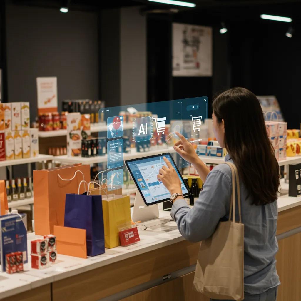 Customer engaging with AI-driven personalized shopping experience on a digital interface in an e-commerce retail environment, featuring colorful shopping bags and product displays.