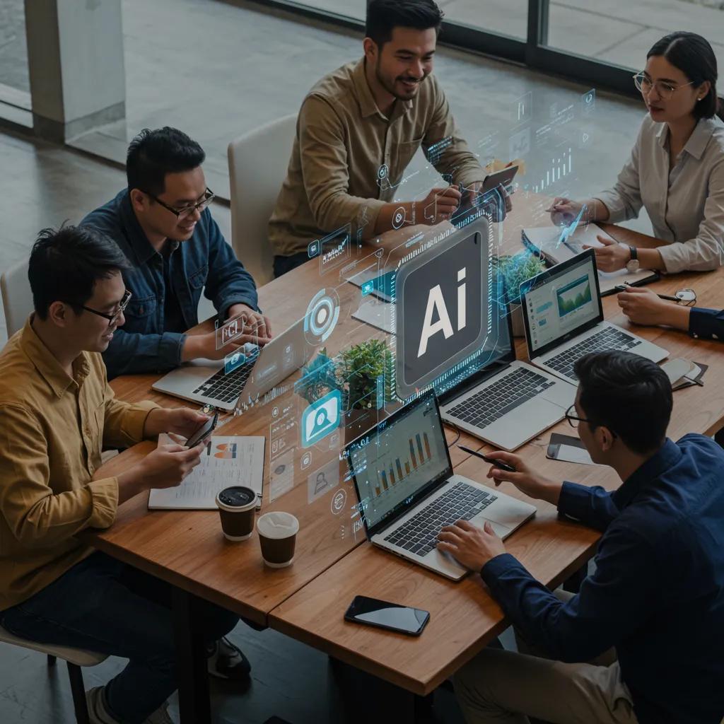 Diverse marketing team collaborating with AI technology in a modern workspace, showcasing laptops, digital analytics, and AI tools, emphasizing innovative strategies for digital growth.