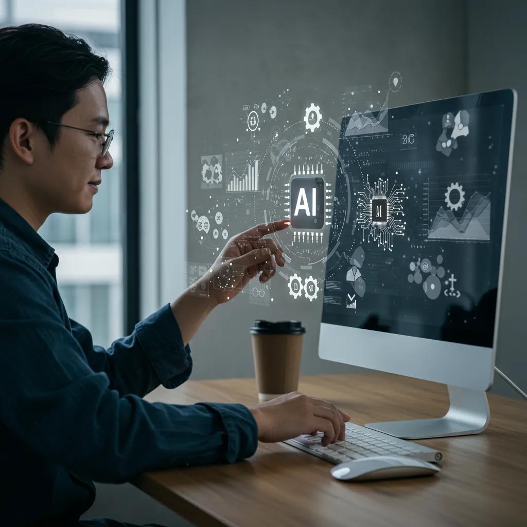 Person interacting with a computer screen displaying AI data analytics and digital marketing visuals, emphasizing automation and predictive insights in marketing strategies.