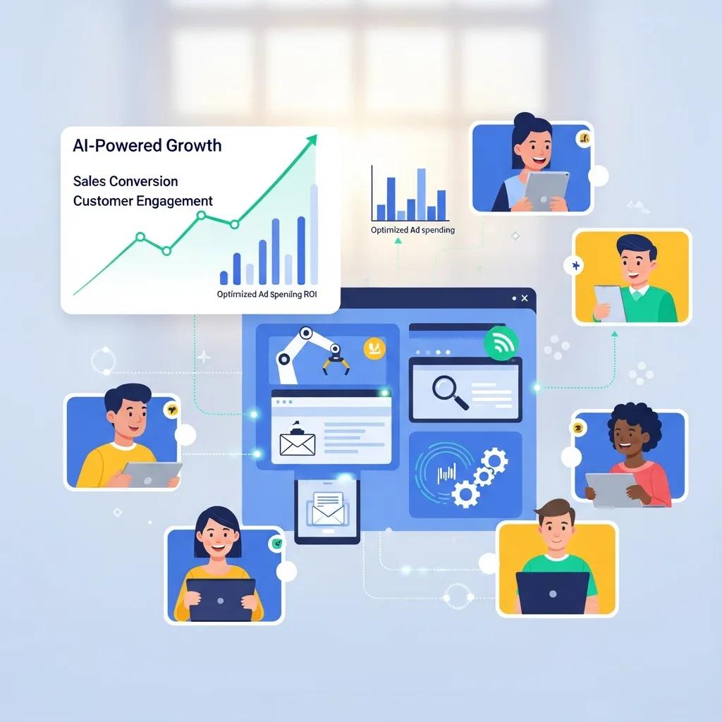 Illustration of AI benefits in marketing with growth graphs and happy customers