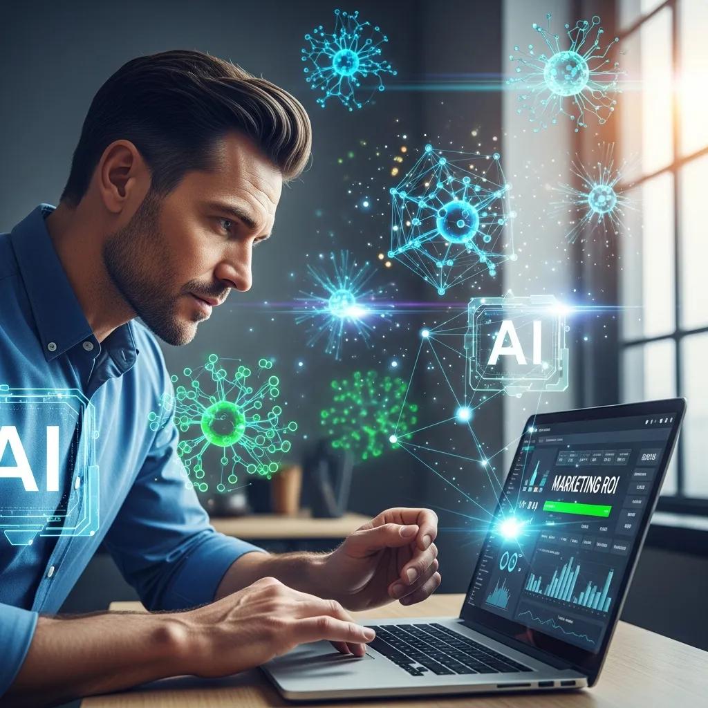 Marketer reviewing AI-driven analytics on a dashboard to improve campaign ROI