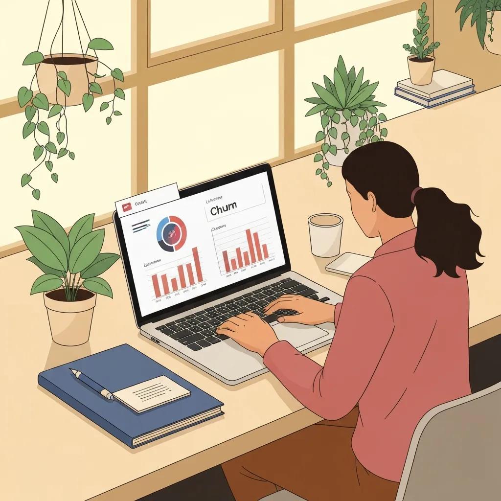 Marketing professional analyzing customer lifetime value and churn metrics